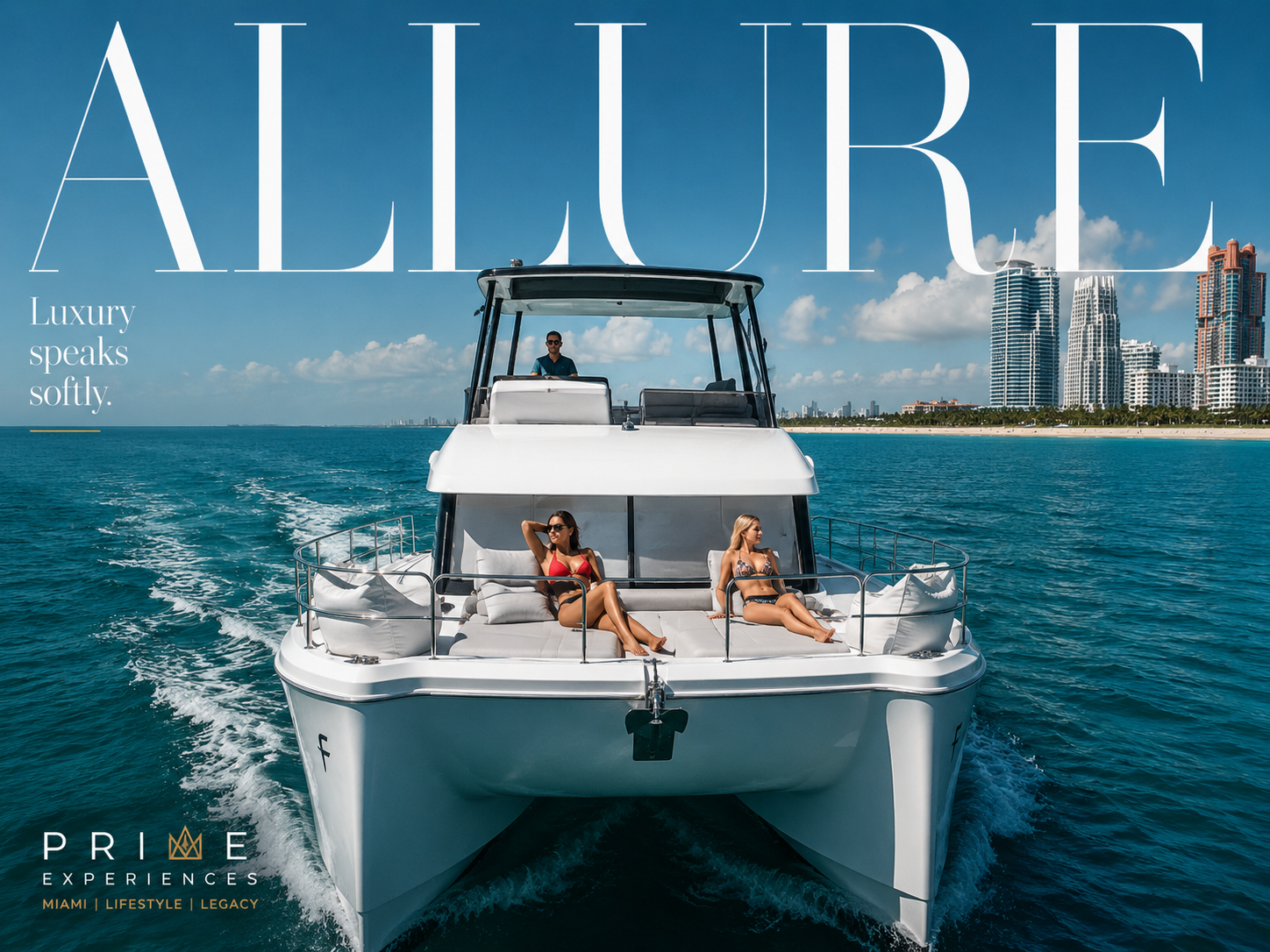 Composición editorial de catamarán con titular Allure
